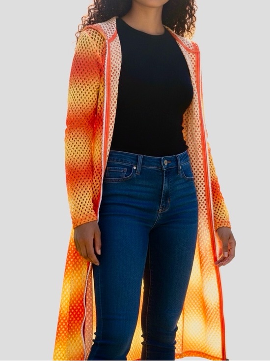 AKIRA Other - AKIRA Orange & Yellow Open Mesh Swim Coverup Long Maxi Dress w Hood Hooded Robe